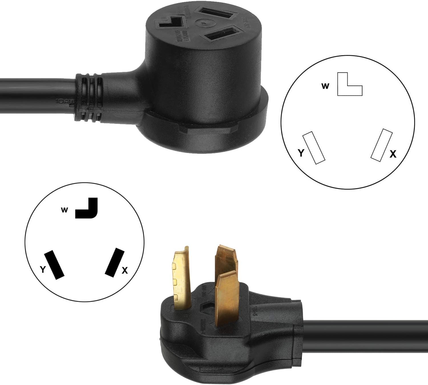 Dryer 3 Prong Splitter, 10-30P Splitter 10-30R Female Receptacle, 3FT STW 10AWG/3 3 Prong Dryer Y Split Plug Cord Adapter 30AMP, 250 Volt. Pack of 2