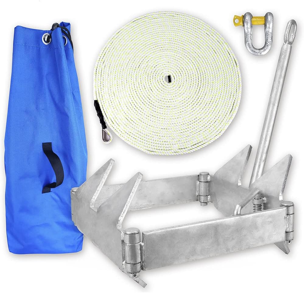 MARINE SYSTEM Galvanized Boat Folding Square Anchor Kit with 3/8 inch x 150 FT Rope and Shackle 13lb, 19lb, or 25 lb Pack of 2