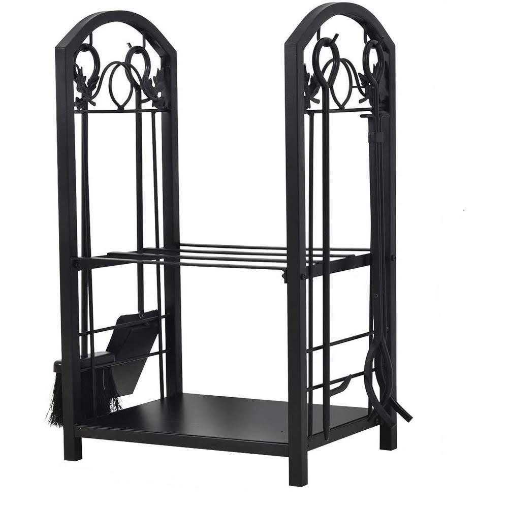 Kingdely 16 in. Black Steel Heavy-Duty Firewood Rack Log Rack with 4 Tools for Indoor Outdoor Backyard