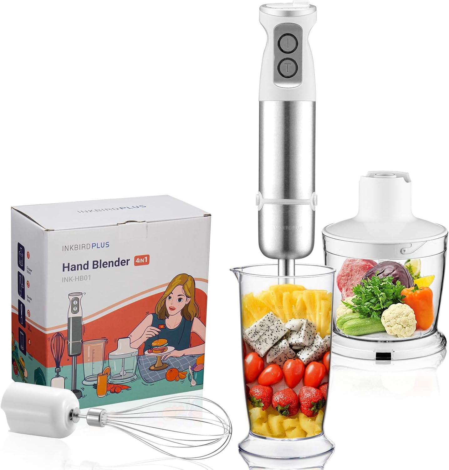 Inkbird Immersion Hand Blender, 4-in-1 6-Speed Stick Blender with 500ml Food Grinder, BPA-Free, 600ml Container, Egg Whisk,Puree Infant Food Vegetable, Smoothies, Sauces and Soups 500W Pack of 2
