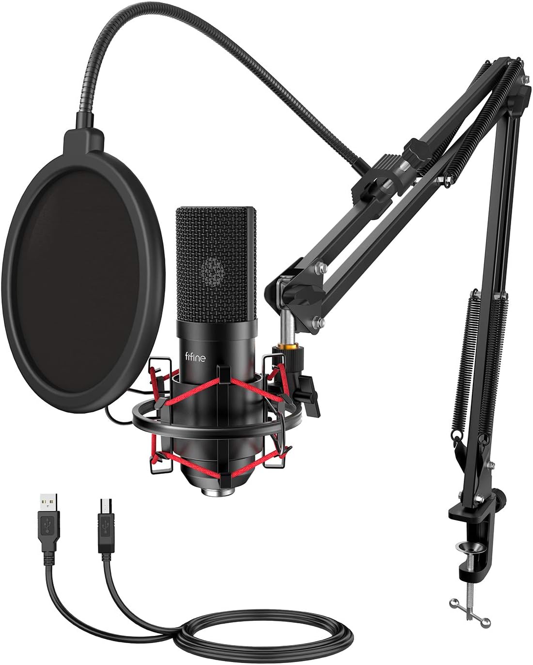 FIFINE USB Gaming Microphone Set with Flexible Boom Arm Stand Pop Filter, Plug and Play with PC Desktop Laptop Computer, Streaming Podcast Mic Kit for Home Studio (T732) Pack of 2