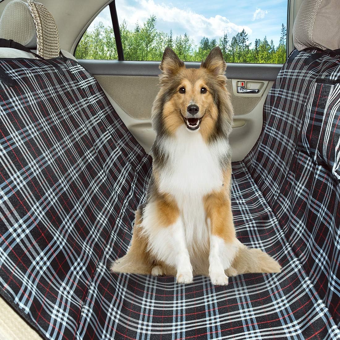 Coohom Dog Car Seat Covers,Waterproof Scratch Proof Nonslip Protector Pet Back Seat Covers,Scottish Grid Pattern Hammock Convertible for Cars Trucks and Suvs (Black)