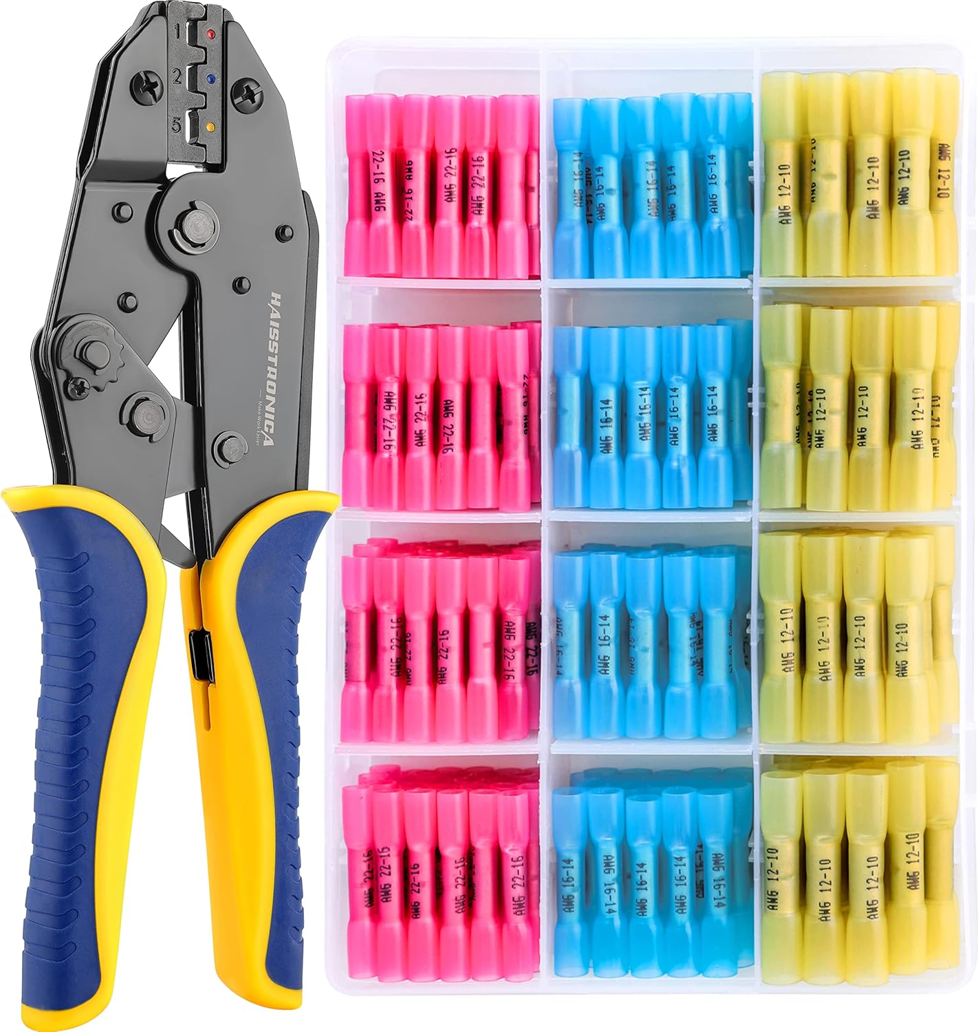haisstronica Crimping Tool for Heat Shrink Connectors HS-8327 with 200PCS Marine Grade Heat Shrink Butt Connectors of Tinned Red Copper AWG 20-10 Pack of 2