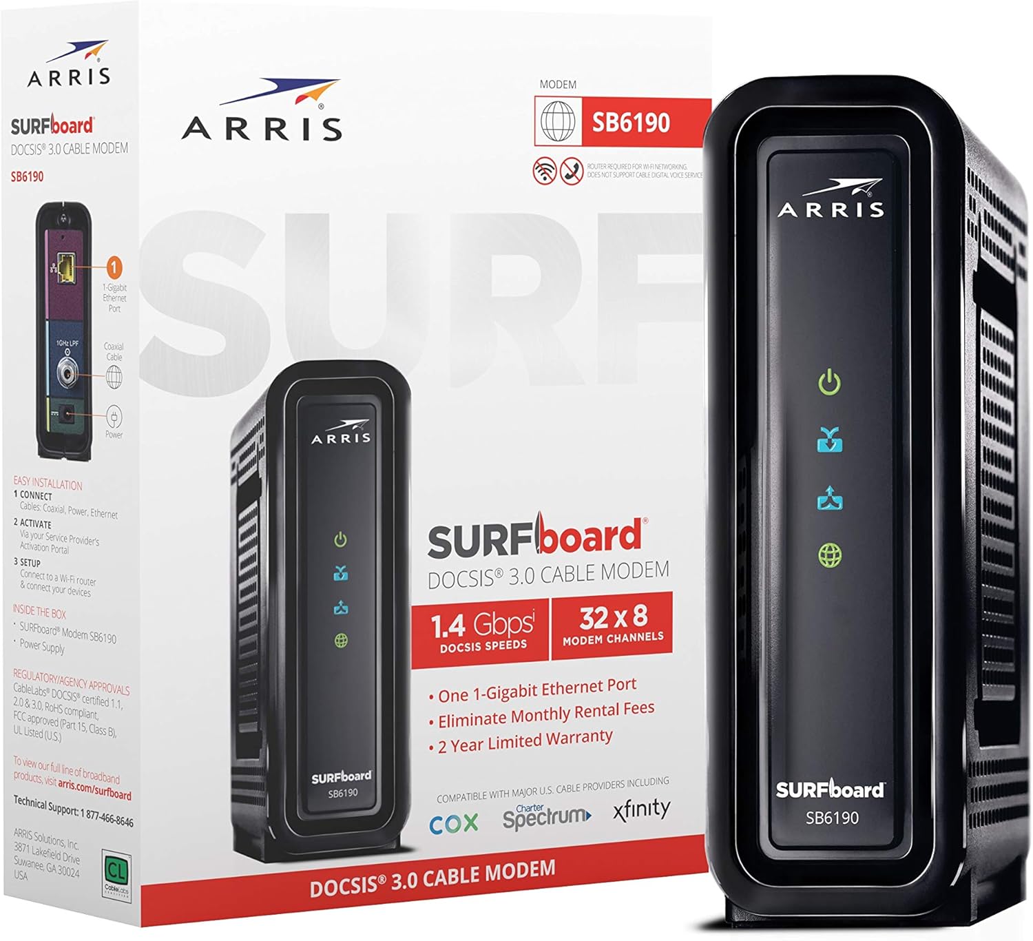 ARRIS SURFboard SB6190 DOCSIS 3.0 Cable Modem, Approved for Cox, Spectrum, Xfinity & others (Black), 800 Mbps Internet Plan