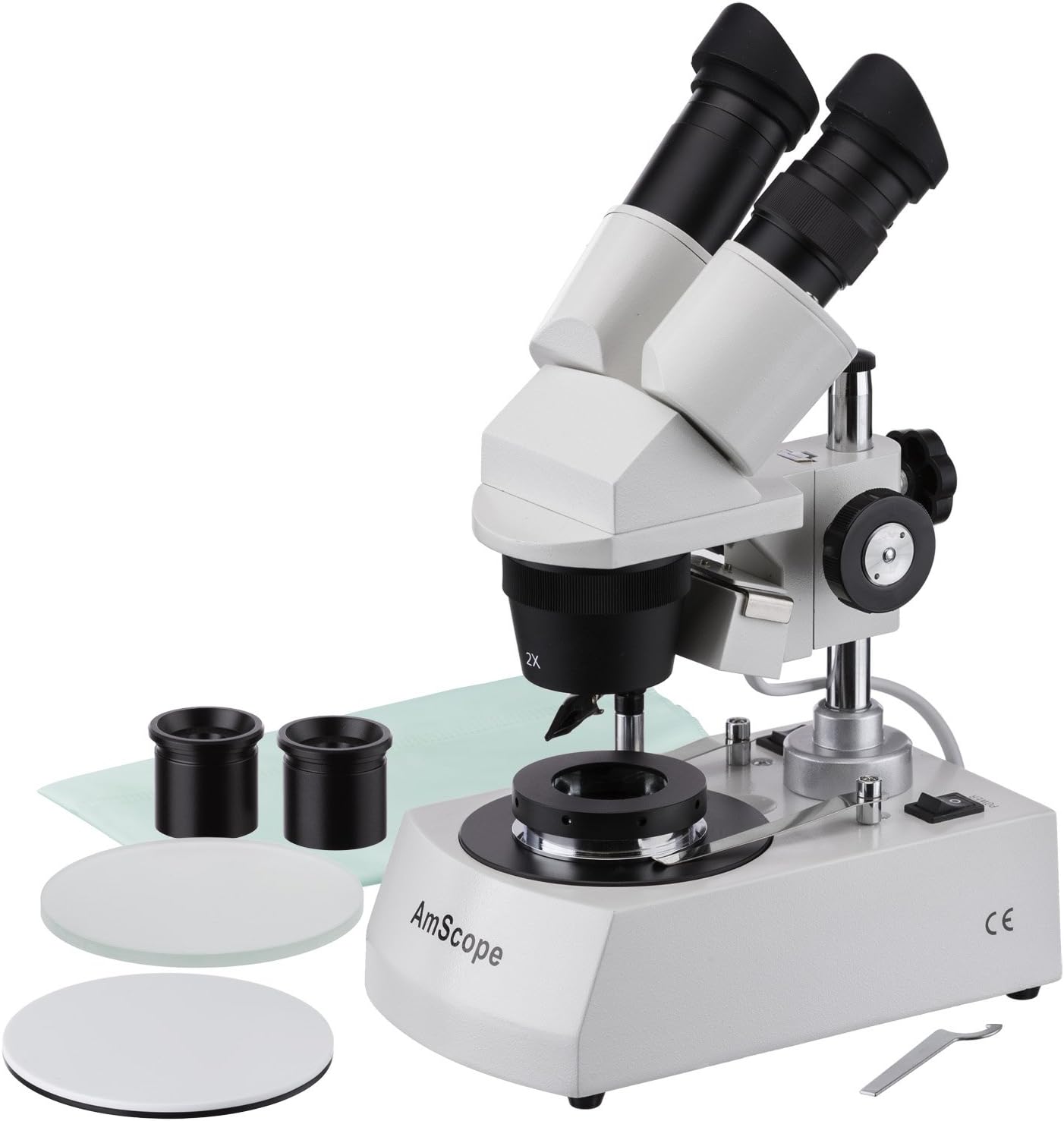 AmScope SE306-PY-DK Binocular Stereo Microscope, WF10x and WF15x Eyepieces, 20X/30X/40X/60X Magnification, 2X and 4X Objectives, Upper and Lower Halogen Lighting, Reversible Black/White Stage Plate, Pillar Stand, 120V
