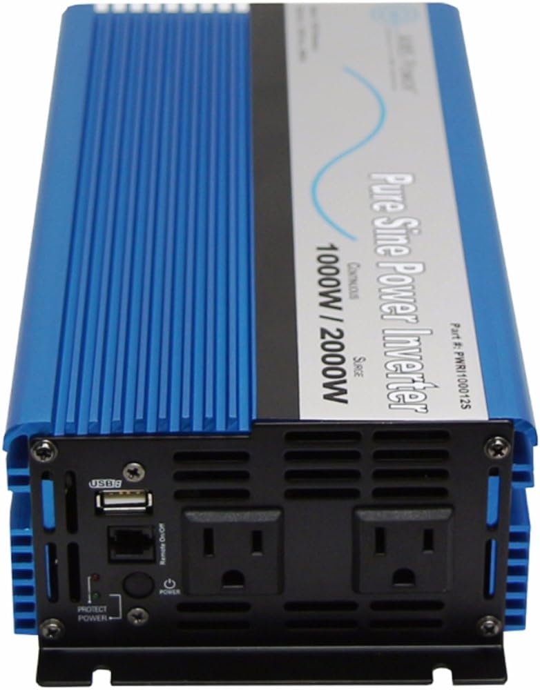 AIMS Power 1000 Watt, 2000 Watt Peak, Pure Sine DC to AC Power Inverter, USB Port, 2 Year Warranty, Optional Remote, Listed to UL 458
