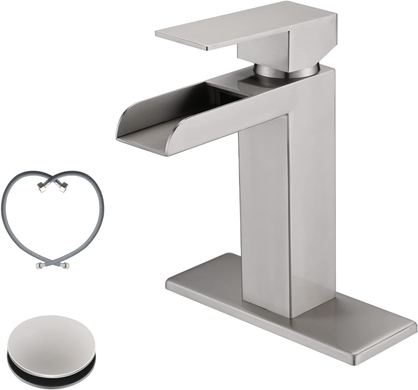 Dornberg Matte Black Waterfall Single Handle Bathroom Faucet, Single Hole Bathroom Faucet with Pop-up Assembly Overflow Drain, 304 Stainless Steel Supply Line-Black