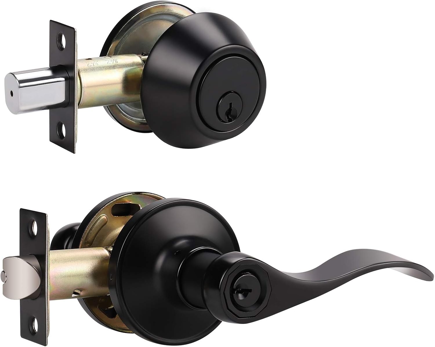 4 Pack Entry Lever Door Handle Lock and Single Cylinder Deadbolt Set, Keyed Alike Wave Style Door Lever with Deadbolt for Office or Front Door, Reversible for Right and Left Handed, Oil Rubbed Bronze