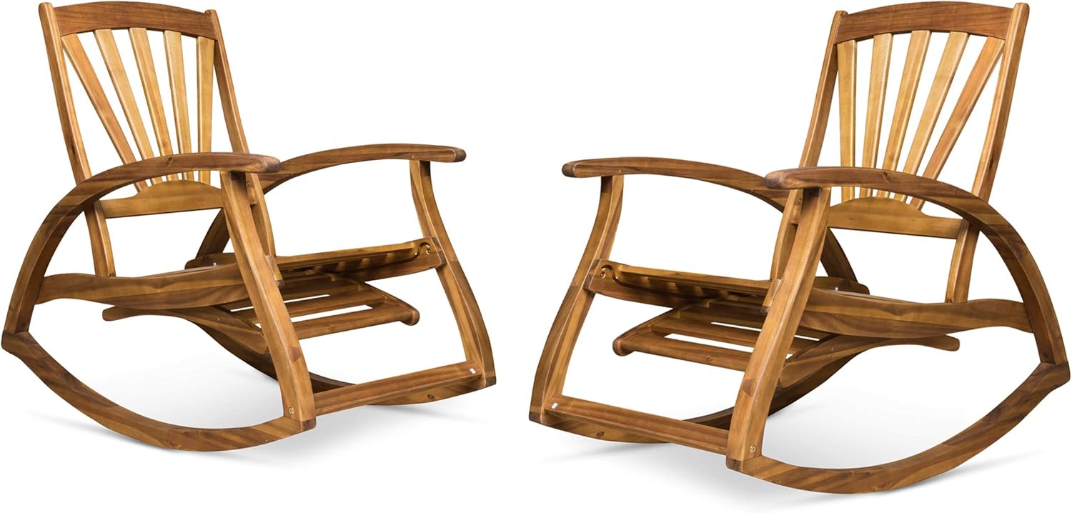 Great Deal Furniture Lee Rocker Recliners for Porch or Patio | Acacia Wood | Teak Finish | Set of 2