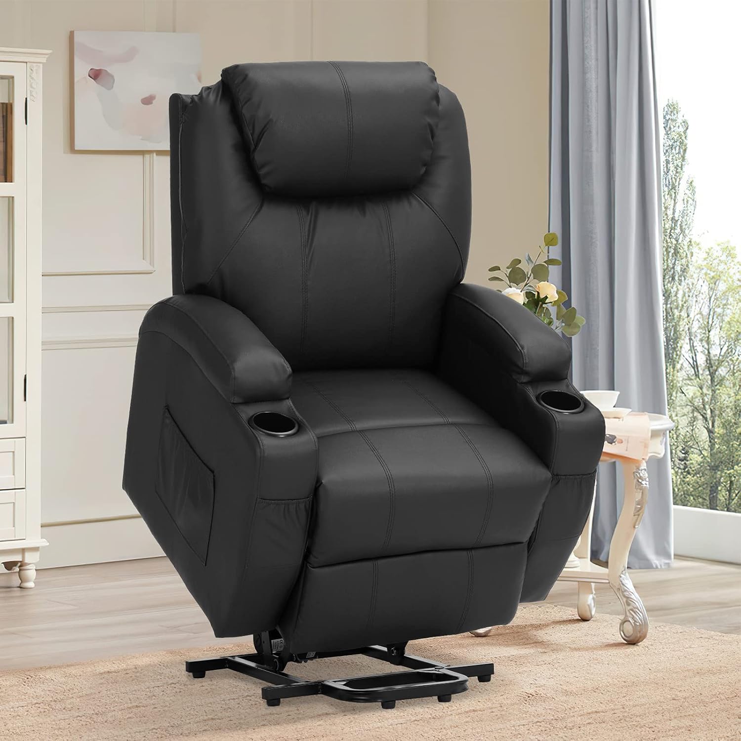 LEISU Electric Power Lift Recliner Chair Massage with Cup Holders Lift Chairs Recliners for Elderly with Massage and Heating Ergonomic Lounge Chair for Living Room(Black)