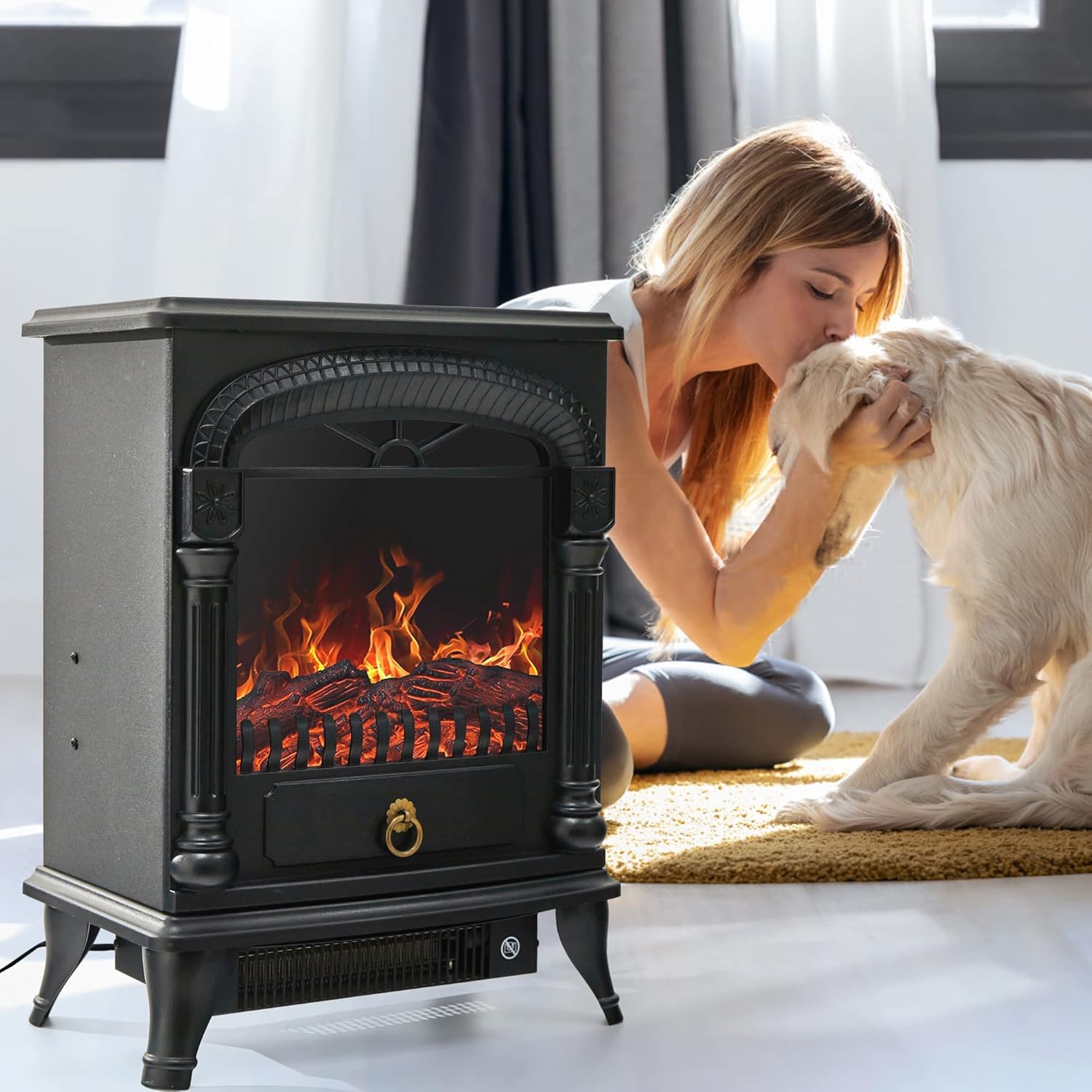 windaze Electric Fireplace Heater,Freestanding Fireplace Stove with Realistic Flame,Overheating Safety Protection,750/1500W,Black