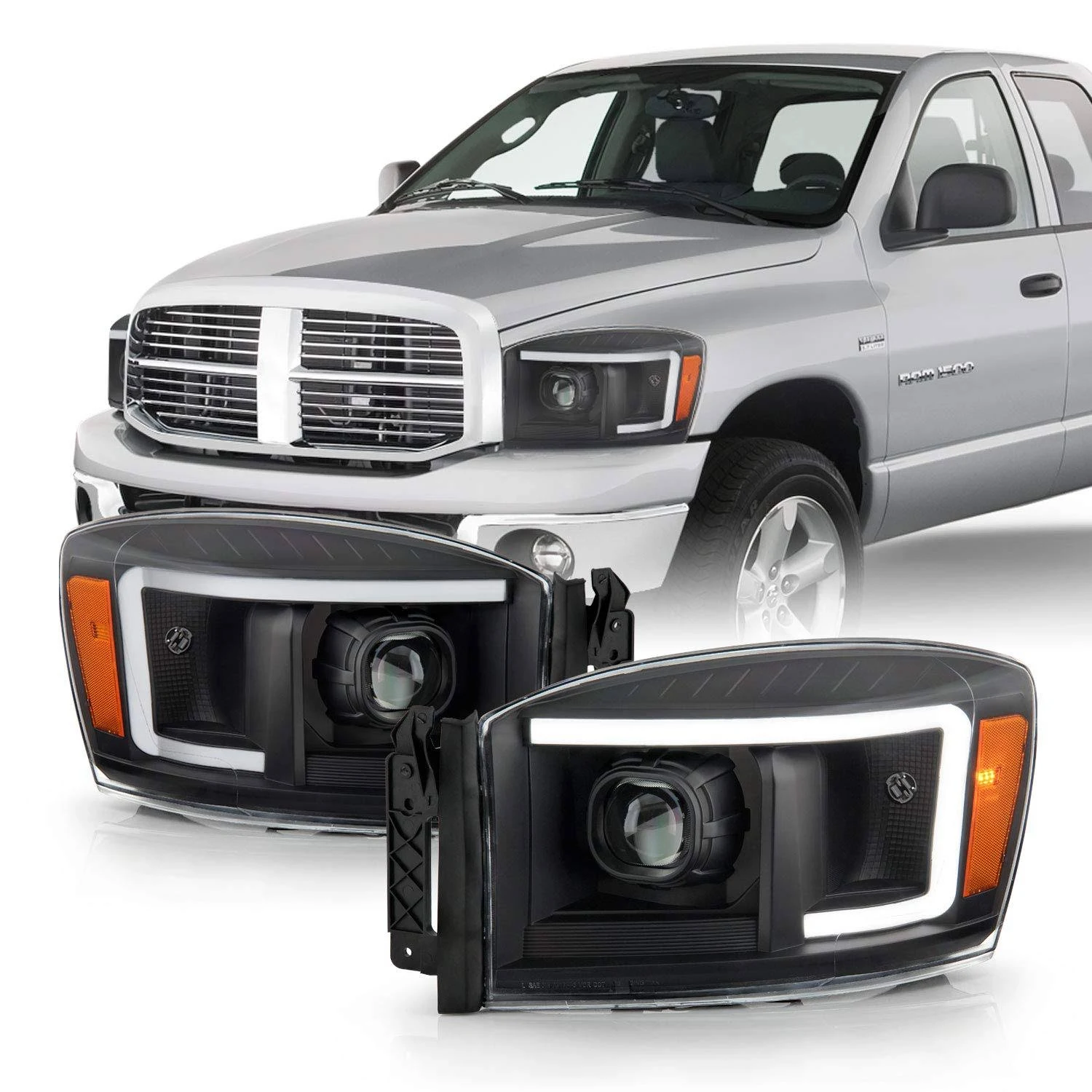 Fits 2006-2008 Dodge Ram 1500 2006-2009 Ram 2500/3500 Truck [Light Bar] Projector Black Headlights Pair Left + Right