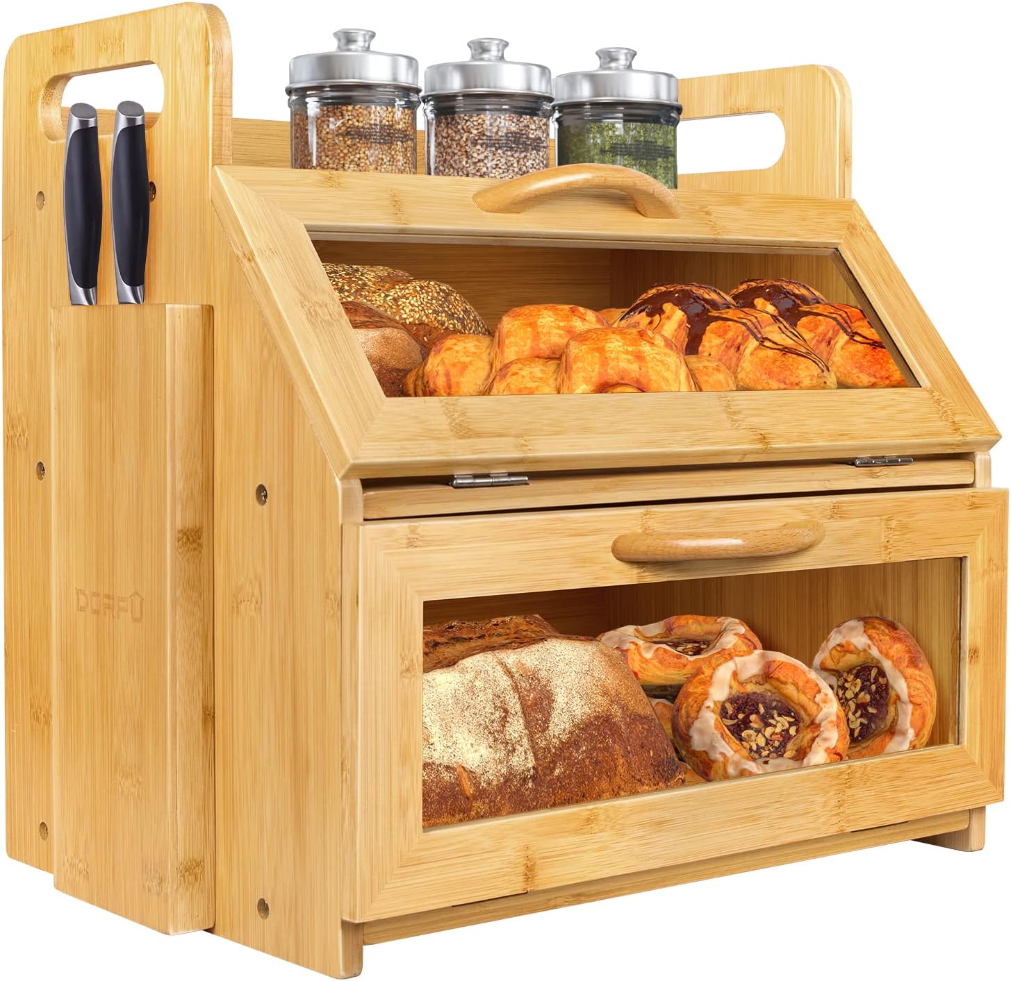 2 Layer Bamboo Wood Bread Box, Dorpu Large Capacity Kitchen Countertop Bread Storage Container with Tool Holder Blocks, Handles and Window for Homemade Bread(15.35