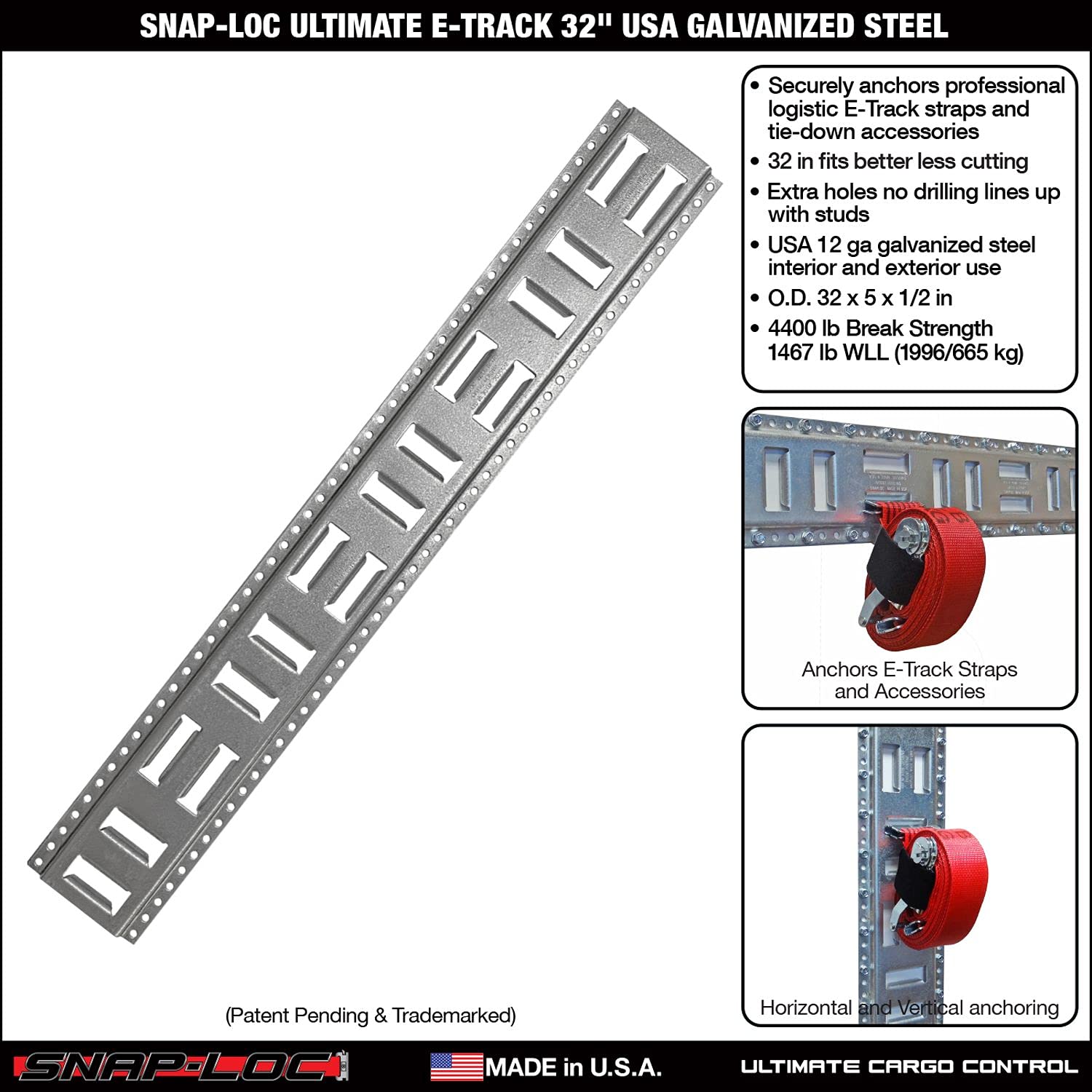 SNAP-LOC Ultimate E-Track 32 Inch USA Galvanized Steel Horizontal Vertical, Logistic Tie-Down for Pickups, Trucks, Trailers