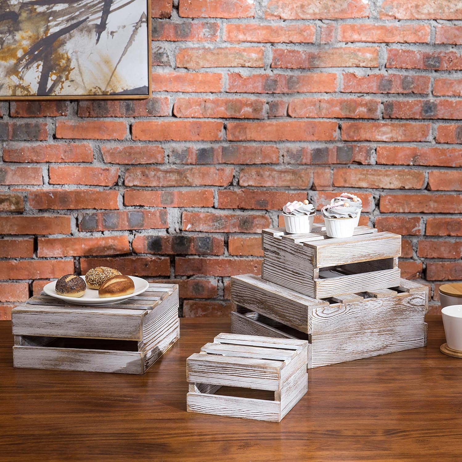 MyGift Shabby Whitewashed Wood Nesting Crate Riser Stands, Set of 4 Pack of 2