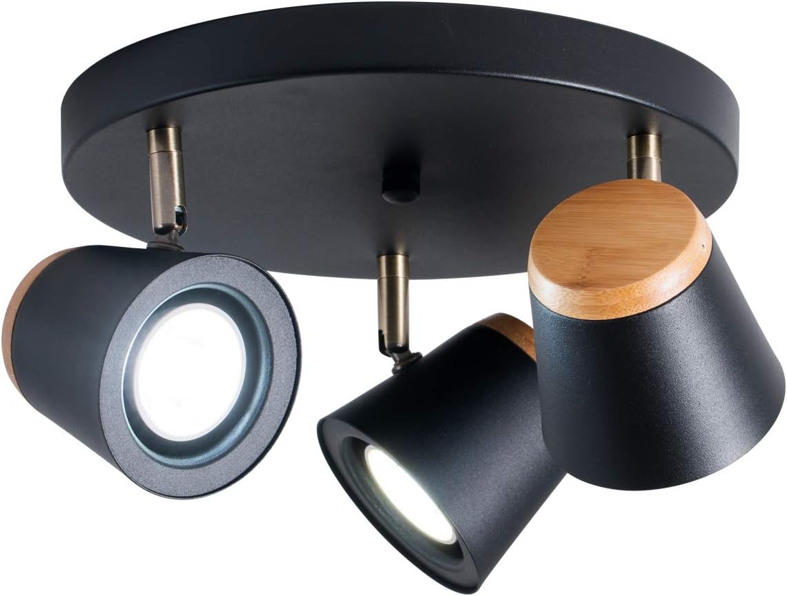 Tehenoo 3-Light Directional & Spotlight,Matte Black and Wooden Finish Semi-Flush Mount for hallways, bedrooms, Foyer, Kitchen, Living Room