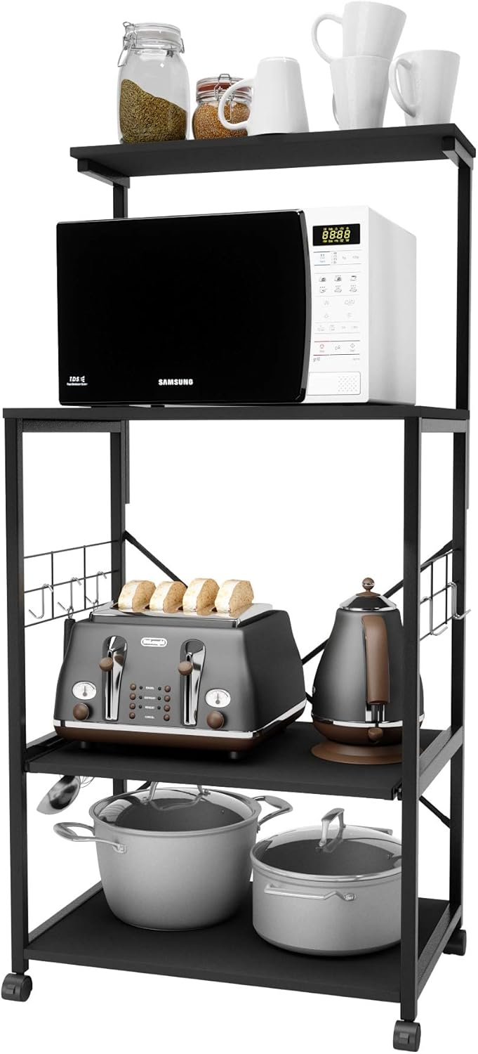 Kitchen Baker's Rack Coffee Station Microwave Oven Stand Kitchen Shelf with Hutch 8 Side Hooks Free Standing Utility Storage Shelf for Kitchen Dining Room Living Room