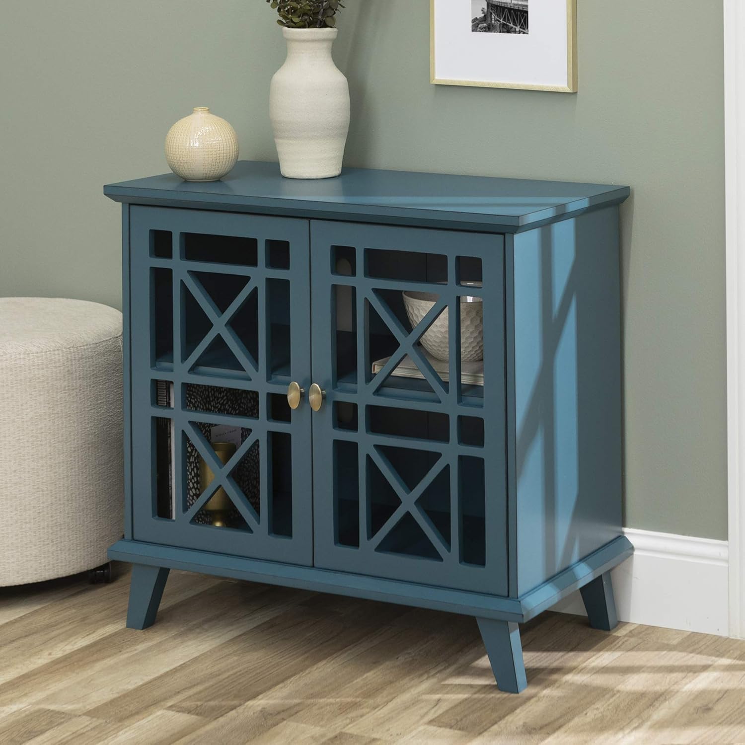 Walker Edison Wood Kitchen Accent Buffet Sideboard Entryway Serving Storage Cabinet with Doors Entryway Kitchen Dining Room Console Living Room, 32 Inch, Blue