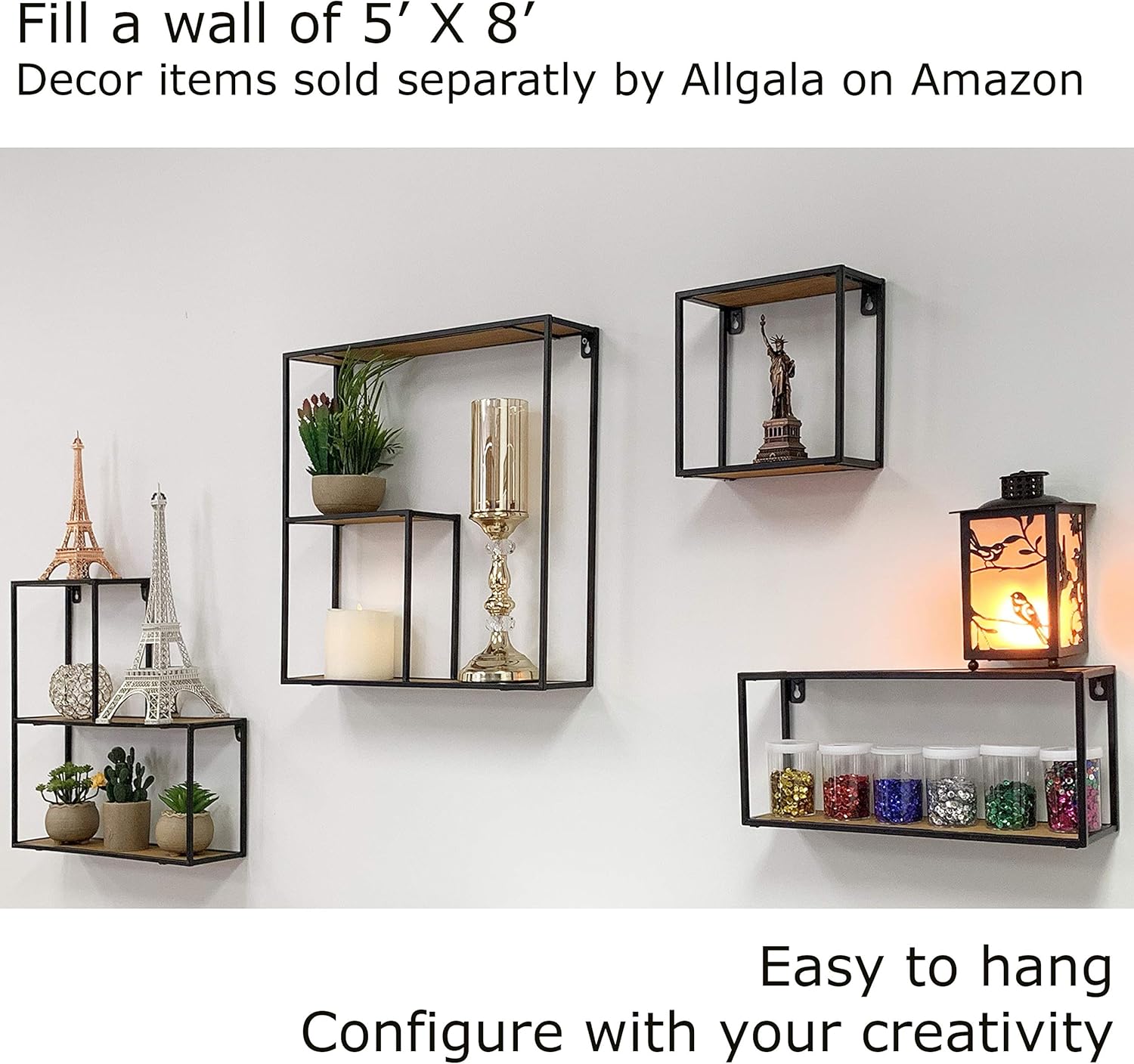 Allgala 4-PC Set Wall Mount Creativity Black Metal Frame Wood Finish Floating Shelves