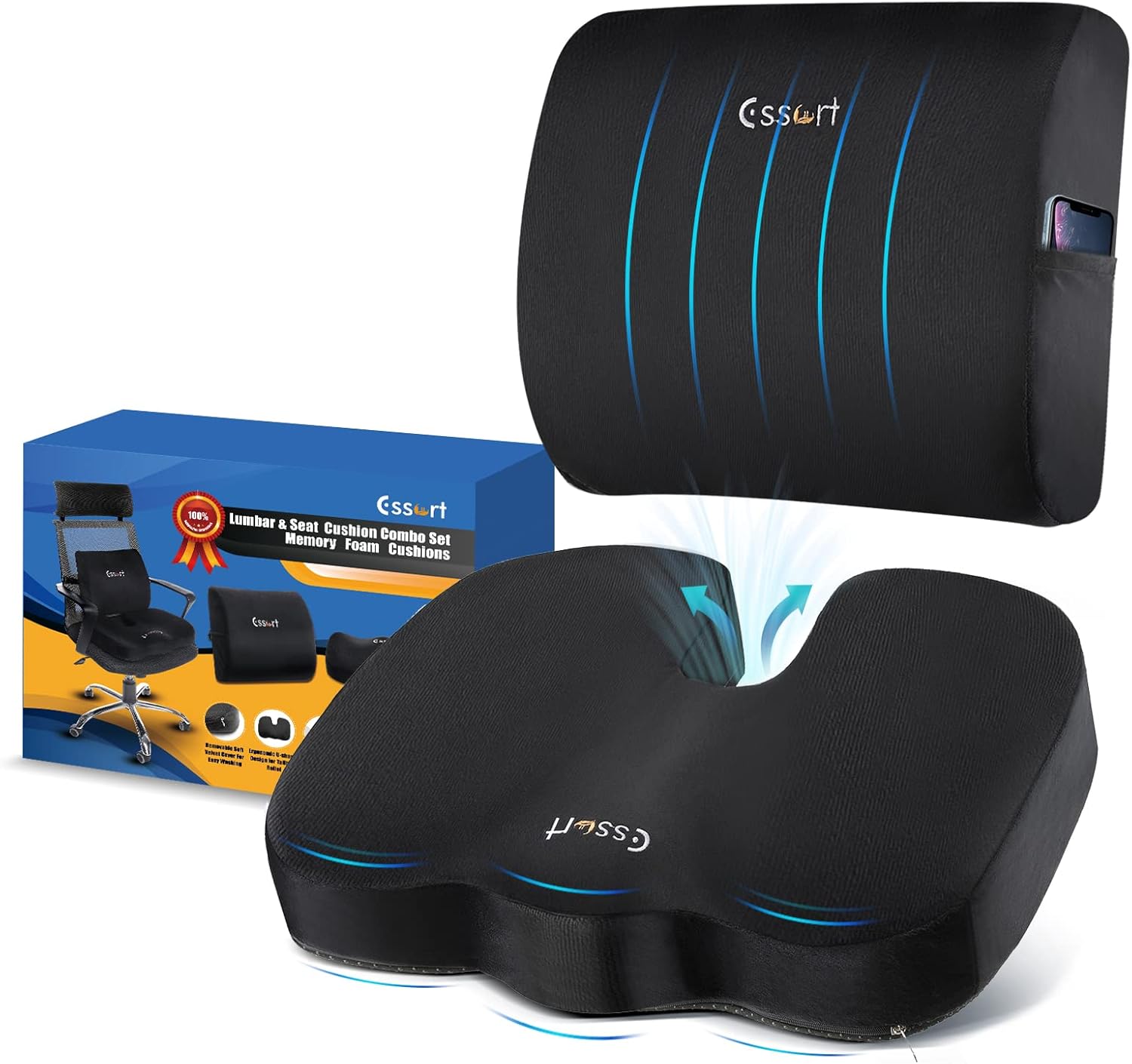 ESSORT Memory Foam Back and Seat Cushions Combo, Orthopedic Coccyx Chair and Lumbar Pillow, Boxed Pad and Back Support for Office Chair, Car, Wheelchair, Relieves Tailbone Pain, Sciatica & Back Pain