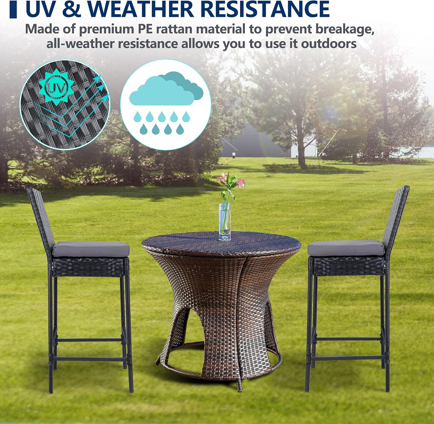lafuria 2 Packs Wicker Barstools Outdoor Patio Rattan Furniture with 2 Cushions for Lawn Balcony Garden Black
