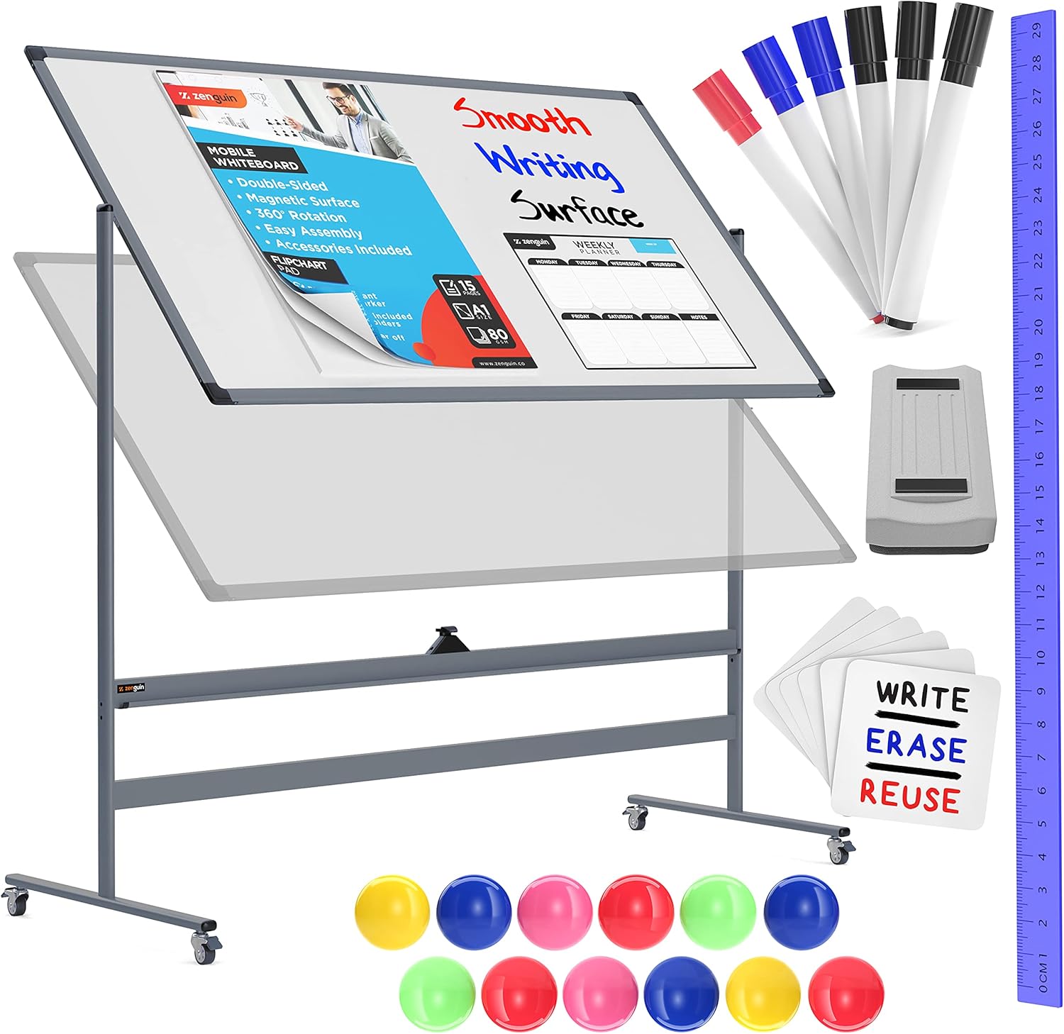 Zenguin Mobile Whiteboard &ndash; 72x36&rdquo; Easel Style Dry Erase Board w Locking Wheels - Double Sided Magnetic Easel Board - Adjustable Height Rolling Whiteboard - Portable Whiteboard w Accessories, Gray