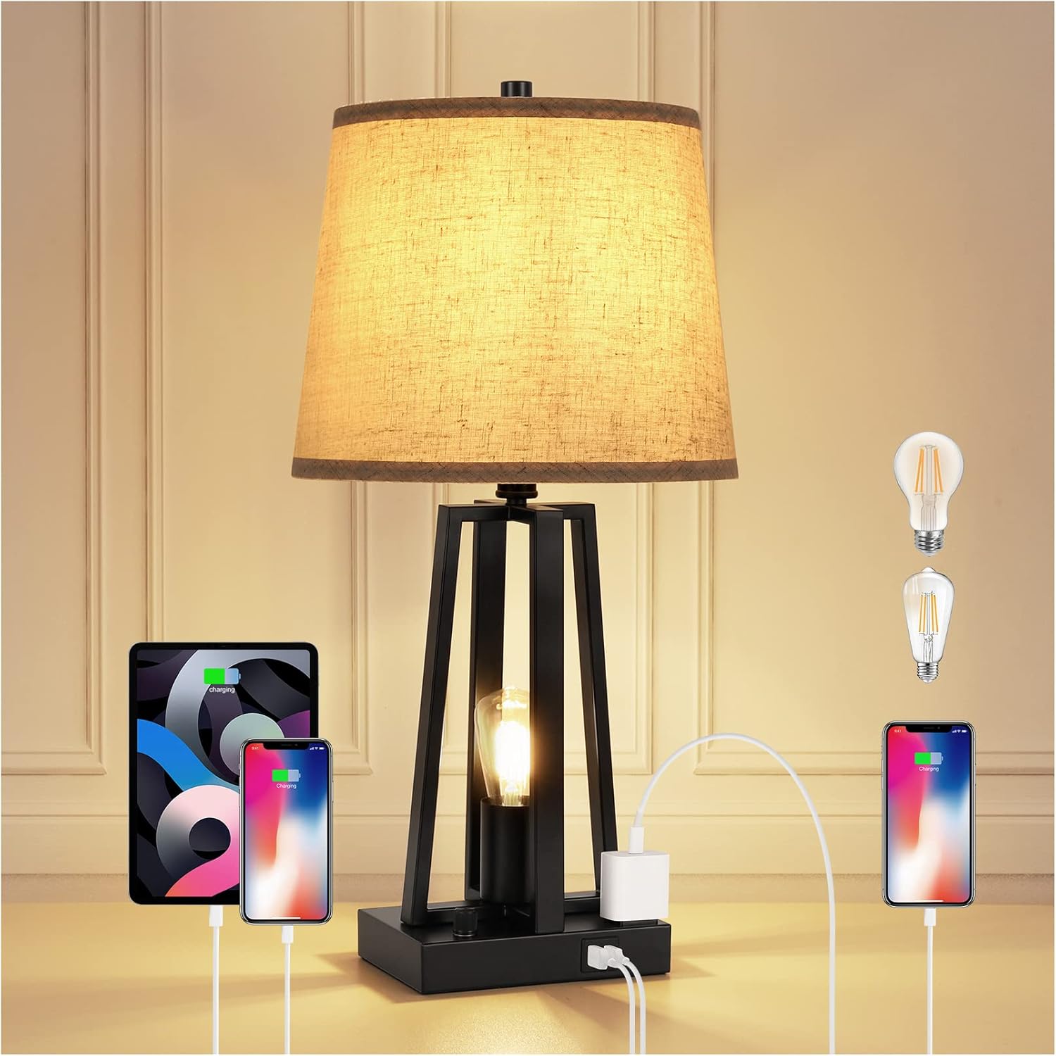 Fully Dimmable Bedside Table Lamp Bedside Lamp with 2 USB Ports Nightstand Lamp with AC Outlet Farmhouse Table Lamp for Living Room, Bedroom Lamps for Nightstand, Night Stand Lamp, Bulbs Included