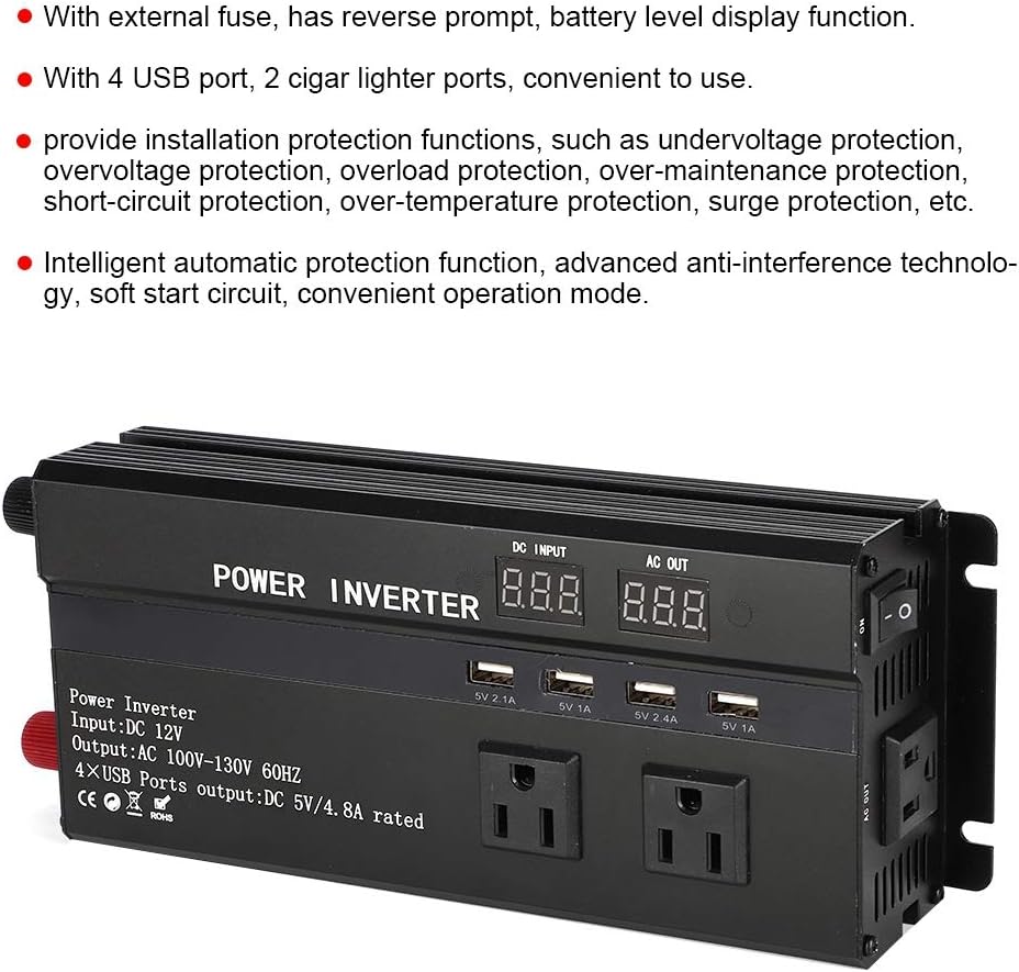 Inverter/Charger 2000W 12V Dc to 120V Ac - 4000W Car Power Inverter DC 12V to 110V AC Converter Fast Charger with LCD Display USB Port Cigar Lighter Ports Car Charger Adapter Pack of 2
