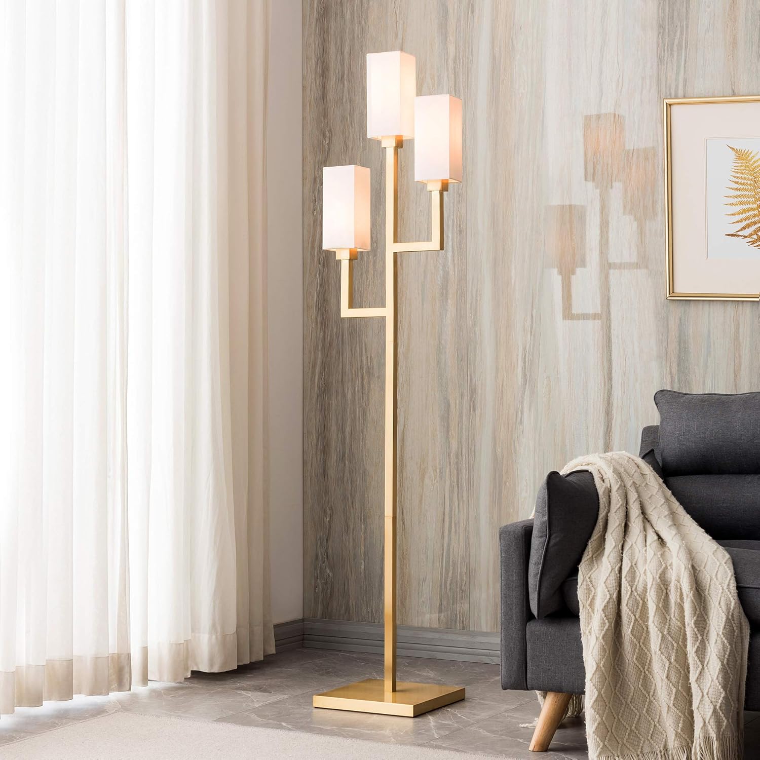 Henn&Hart Traditional 3-Light Torchiere Floor Lamp with Fabric Shades in Blackened Bronze