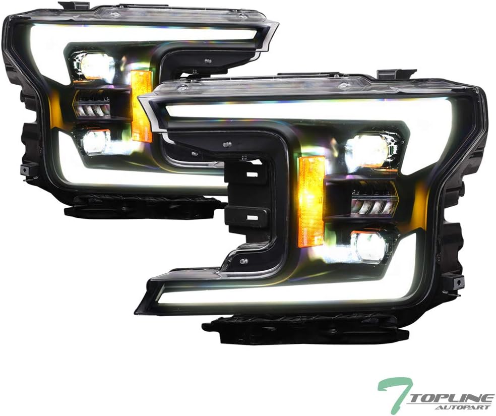 TLAPS Black Housing Full LED Switchback Sequential Dual Projector Headlights Signal Amber Reflector Black Bezel ks For 18-20 Ford F150