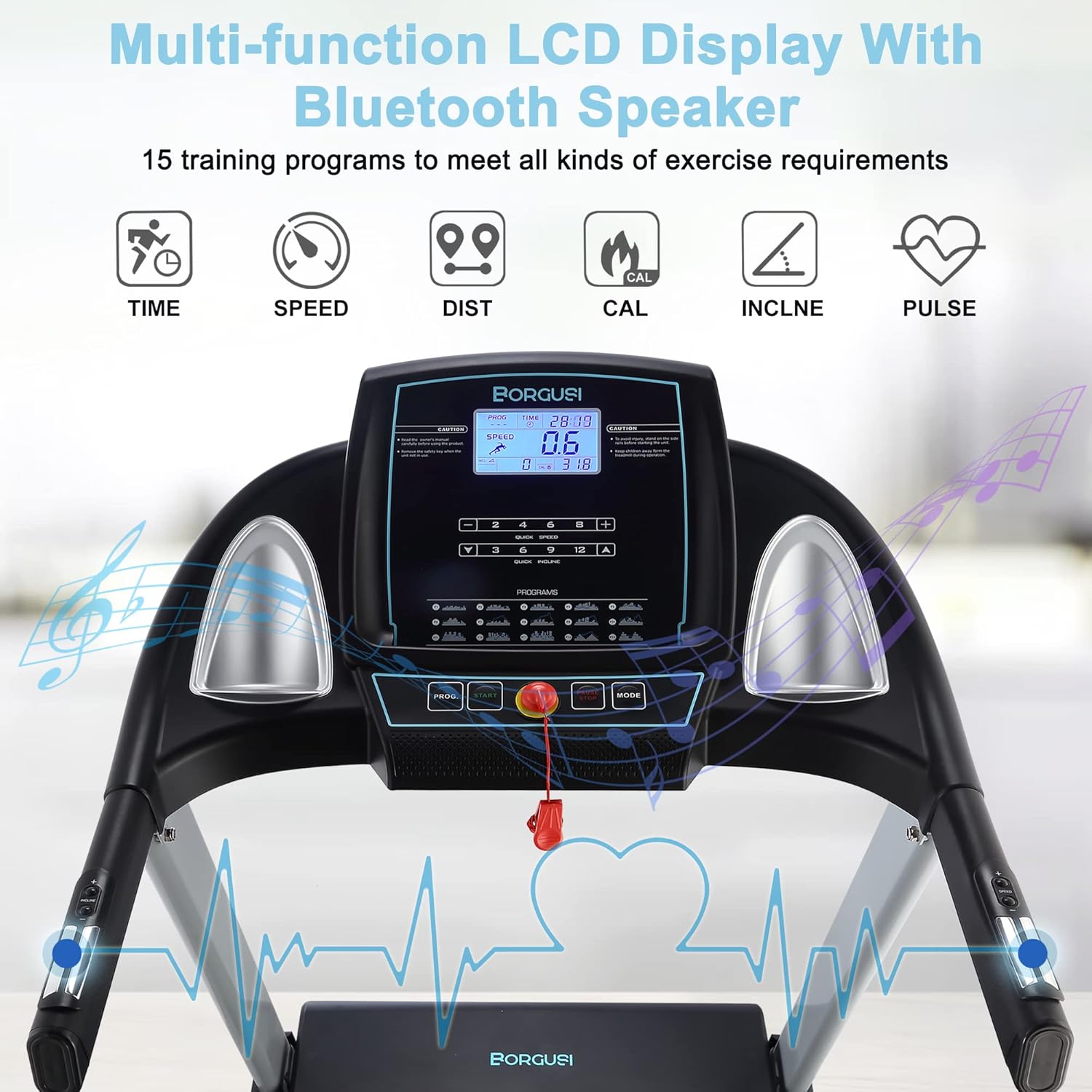 BORGUSI Treadmill with 15% Auto Incline and Bluetooth Speaker, 3HP Folding Electric Treadmill Up to 10MPH Speed Running Machine with 20
