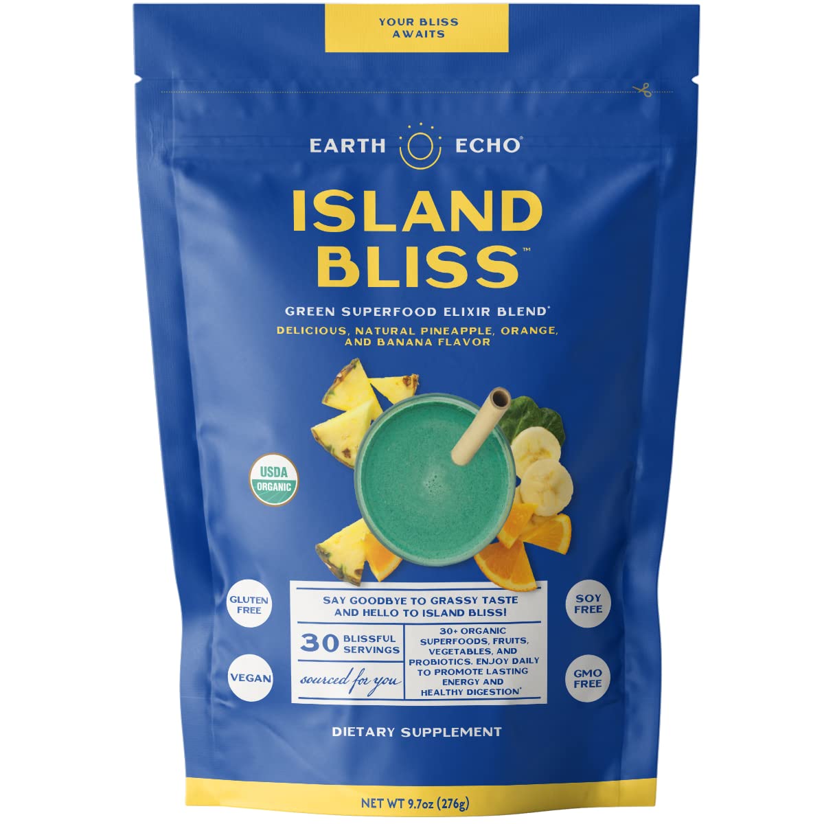 Earth Echo Island Bliss - Green Superfood Energy Drink Powder - 30 Servings - Delicious Tropical Smoothie Mix with Digestive Probiotics for Gut Performance and Immunity Boost Support - No Gluten Pack of 2