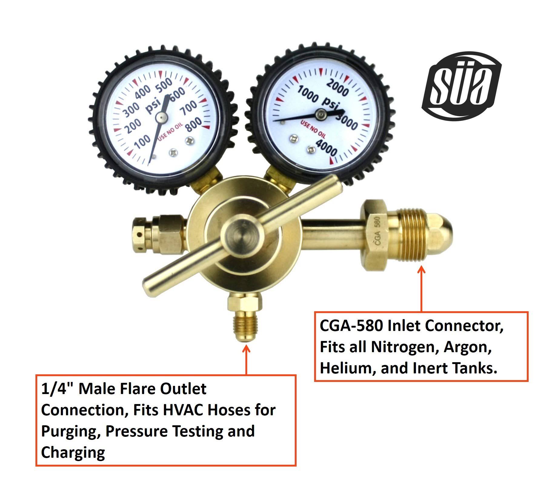 S脺A - Nitrogen GAS Regulator 0-600 PSIG - HVAC Purging - Pressure Charge - 1/4x22 Flare Connector - with 60x22 Charging Hose.
