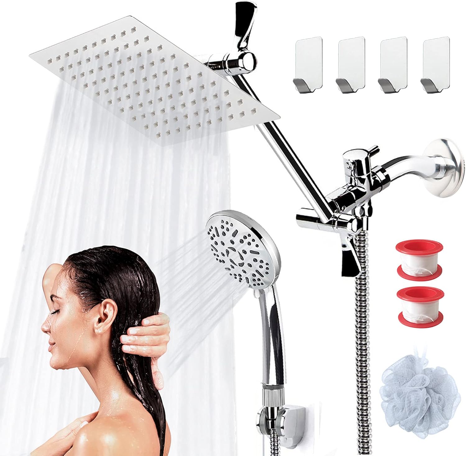 COSYLAND 8'' High Pressure Rainfall Shower Head Handheld Combo 9 Settings with 11'' Extension Arm 60