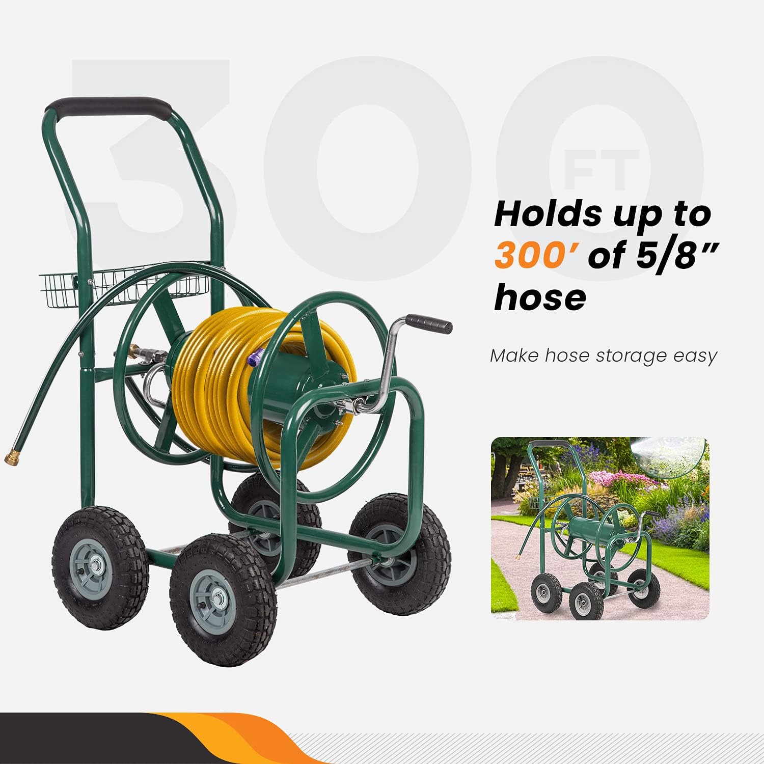 Hose Reel cart Garden Hose Reel cart with Wheels Heavy Duty 300 feet of Water Pipe Suitable for Gardens, lawns, Sidewalks and backyards.Outdoor Water Hose Reel cart Green