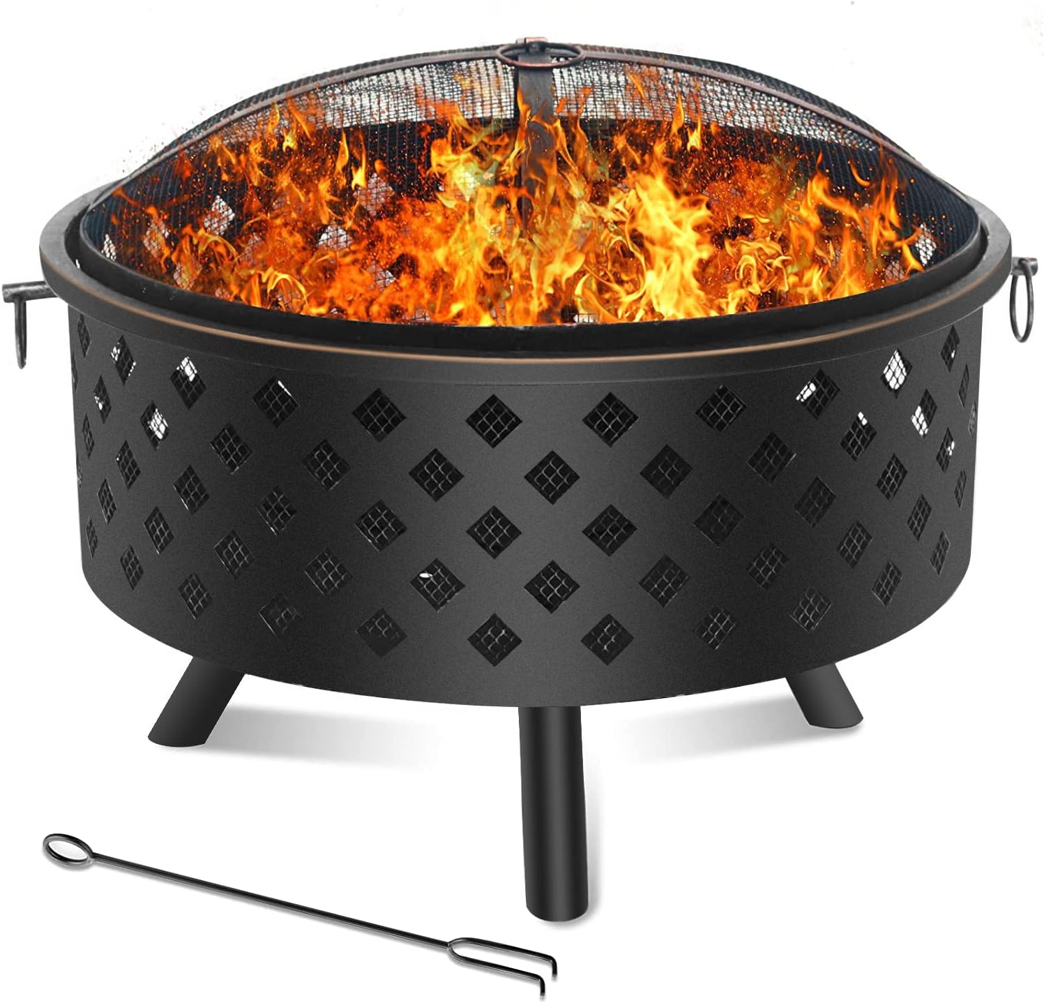 IKARE Outdoor Fire Pit-25 Inch Fire Pit Wood Burning Outside, Firepit for Patio and Backyard with Spark Screen, Poker and Fireplace Cover, Multi-Folding Camping Shovel, Black.