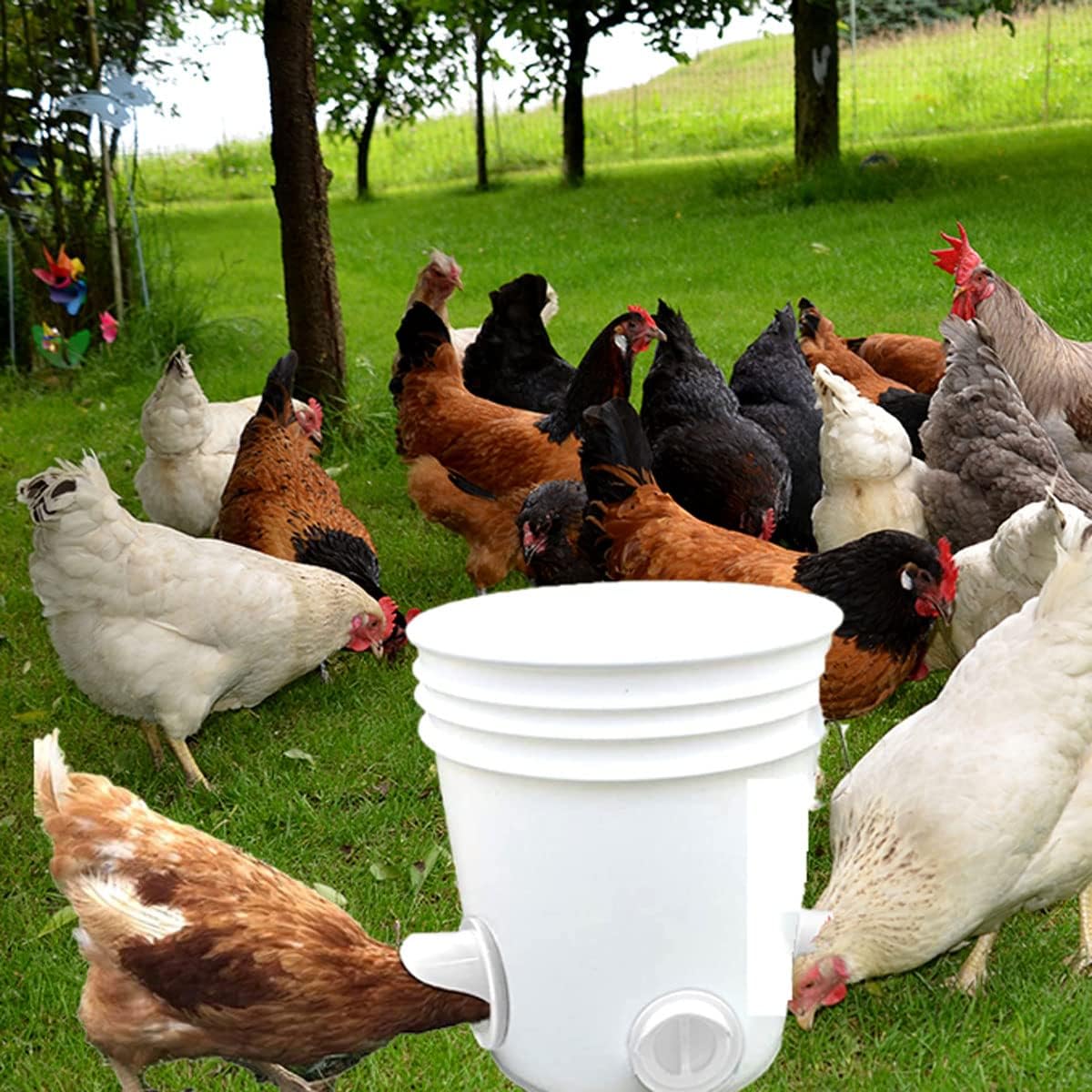 DIY Poultry Feeder,PVC Ports Gravity Feed Chicken Feeder,Automatic Rain Proof Gravity Feed Kits 8 Ports and Hole Saw for Buckets,Barrels,Bins,Troughs,No Waste Pack of 2