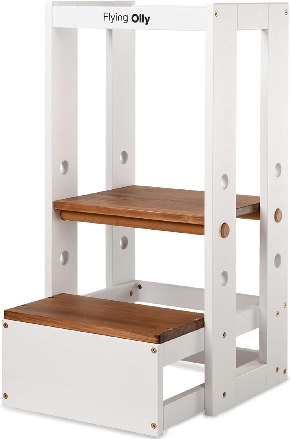 FLYING OLLY Step Stool for Kids, Kitchen Helper, Toddler Solid Wooden Standing Tower with Safty Rail , 3 Height Adjustable Mothers' Helper, Accent Kids Furniture for Kitchen Counter, Bathroom Sink