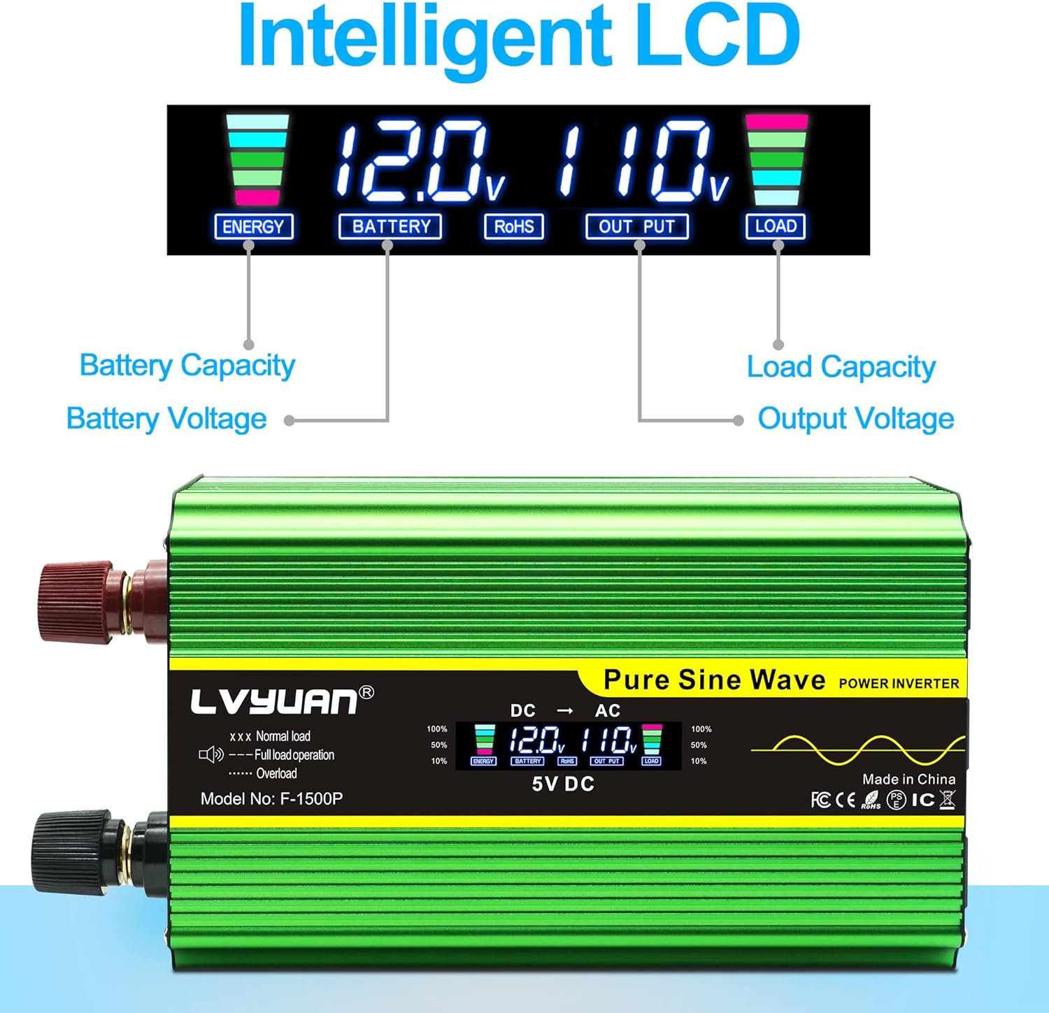 Cantonape Pure Sine Wave Inverter 1600 Watts Inverter DC 12V to AC 110V with Remote Controller & LCD Display and 4 AC Outlets 4 USB Ports for Car Truck Solar Power & Emergency