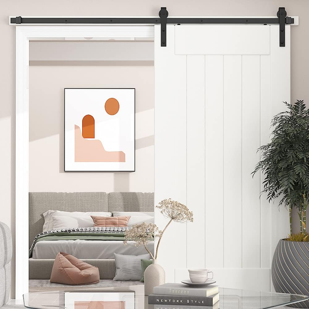 SANKEYTEW 7.5ft Single Door Barn Door Hardware Kit Heavy Duty Barn Door Track Kit Easy Install Smoothly and Quietly Black(j Shape) Pack of 2