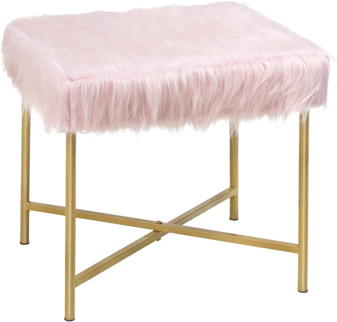 Giantex Ottoman Footrest W/ Padded,Luxurious Faux Fur Covered Seat and Gold Metal Base for Living Room, Bedroom Square Stool (Pink) Pack of 2