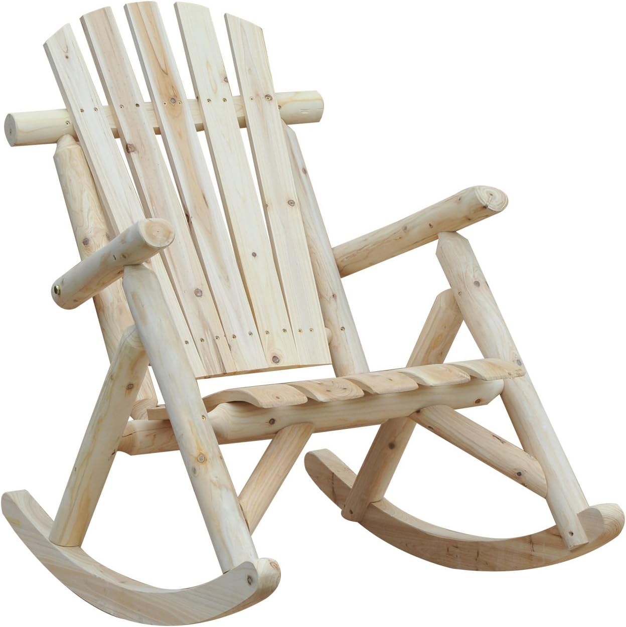 Outsunny Wooden Adirondack Rocking Chair, Outdoor Rustic Log Rocker with Slatted Design for Patio, Burlywood
