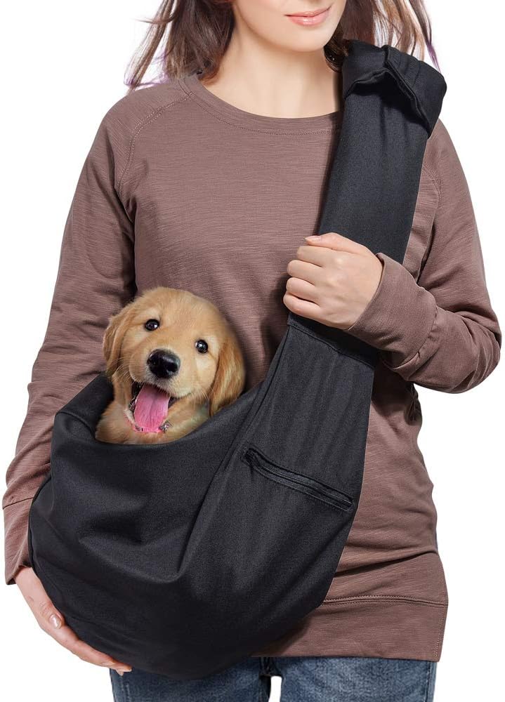AOFOOK Dog Cat Sling Carrier Adjustable Padded Shoulder Strap with Zipper Pocket for Outdoor Travel (Black)