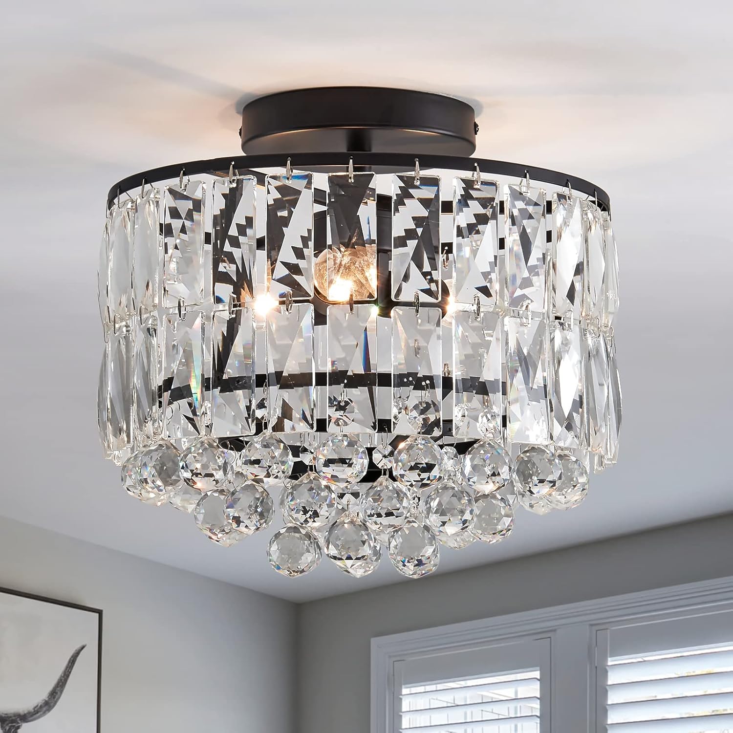 CVKASH Crystal Chandelier 8-Lights， Modern Semi Flush Mount Ceiling Light Fixture， Large Chandelier for Living Room Dining Room Bedroom Entryway H20.86'' x D19.68'' E12 Bulb Base（Black）