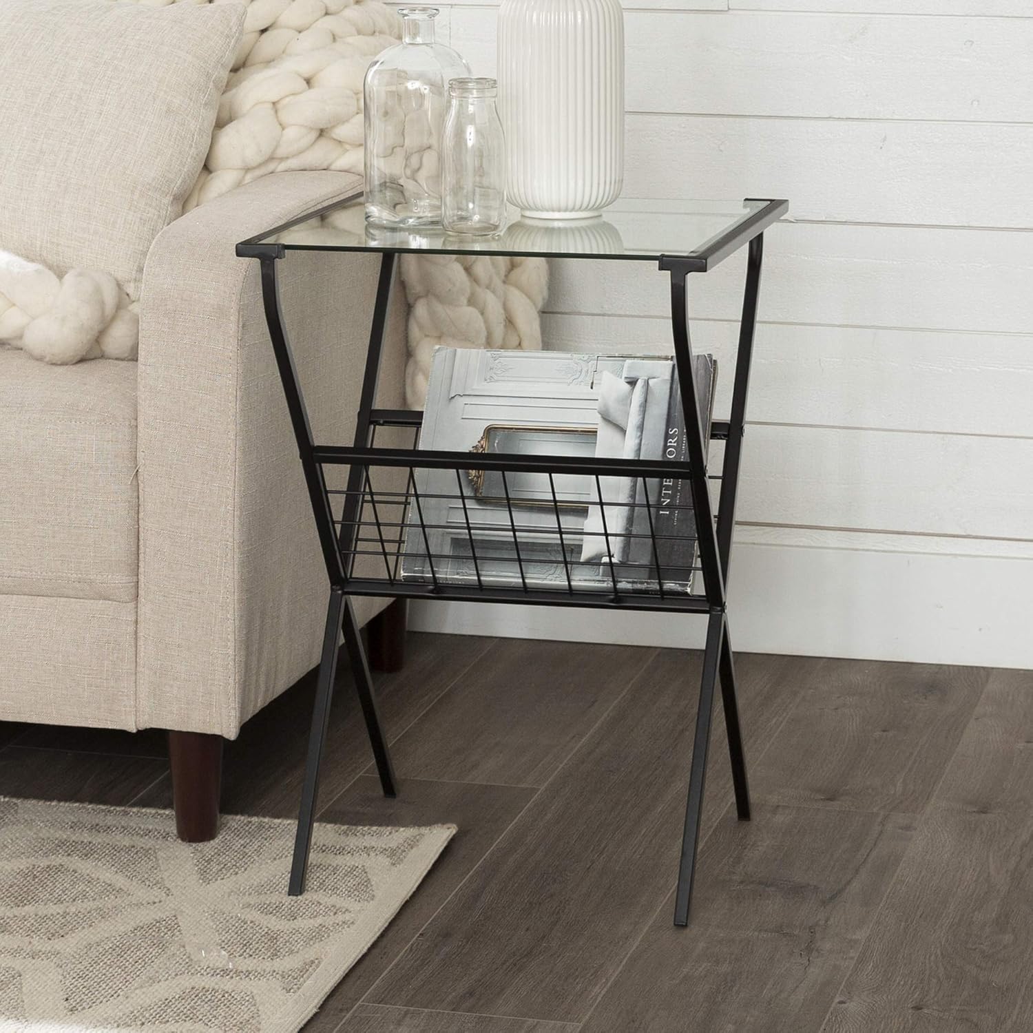 Walker Edison Modern Metal and Glass Square Side Table with Magazine Storage Shelf Living Room Small End Accent Table, 17 Inch, Black