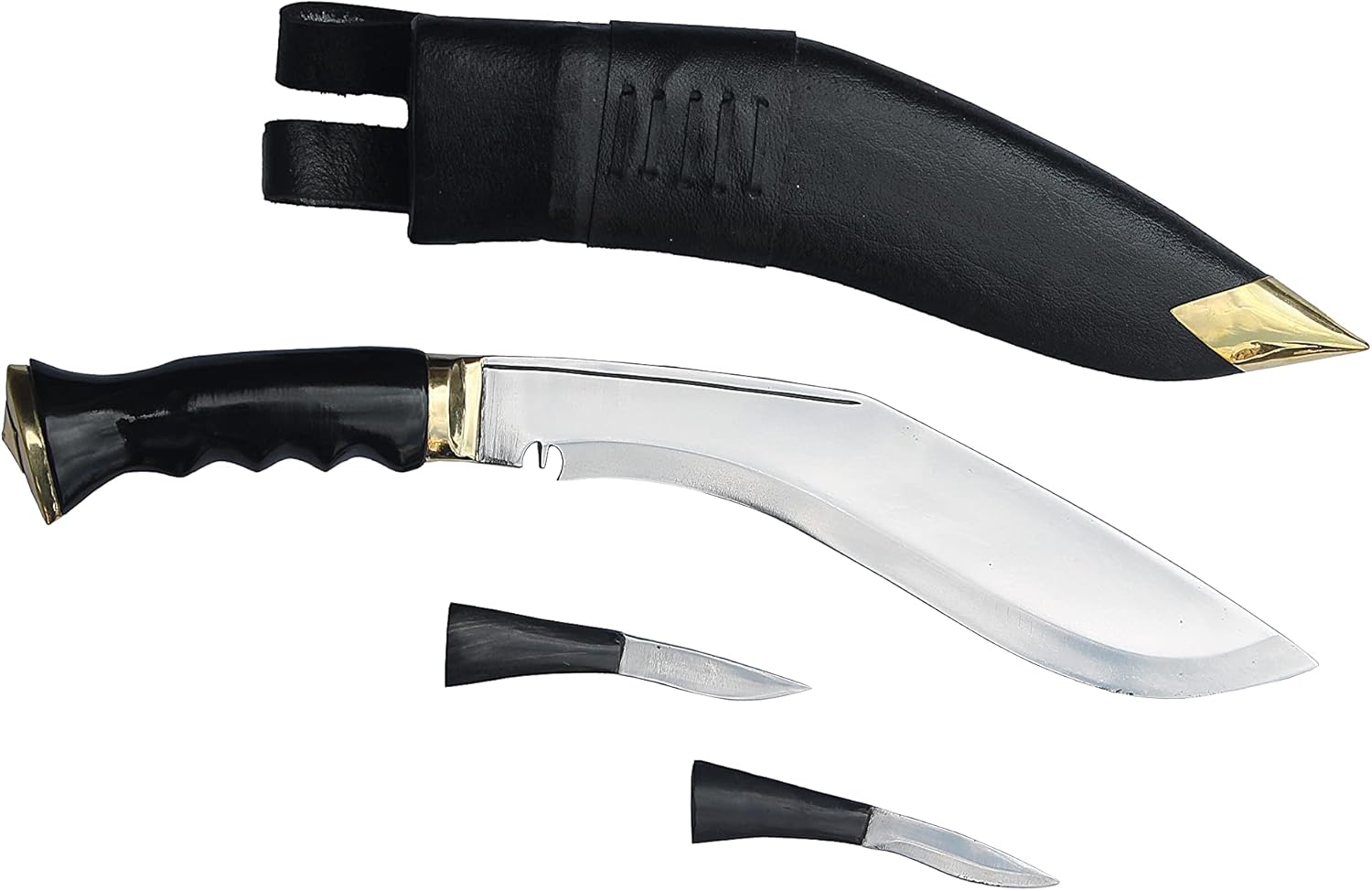 ESK GROUP ESK HANDMADE KUKRI KNIFE MACHETE - 10.5 INCH CARBON STEEL BLADE and 5 INCH HORN HANDLE WITH BLACK COLOUR GENUINE LEATHER SHEATH AND TWO SMALL KNIVES, MADE IN NEPAL