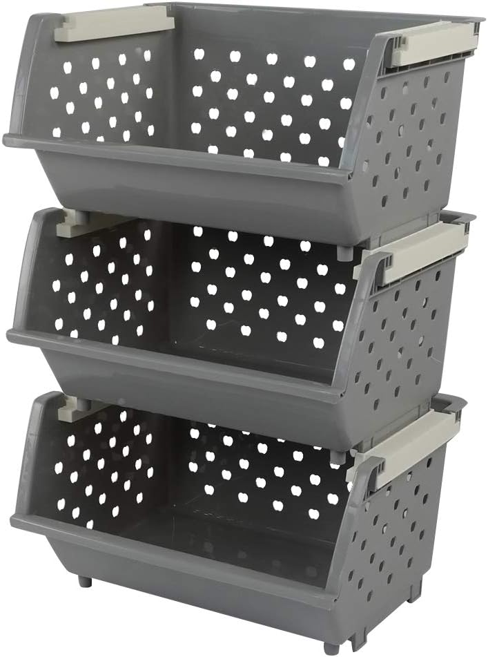 Eagrye Plastic Stackable Storage Bins, Multi-functional Stacking Basket, Grey, Pack of 3 Pack of 2