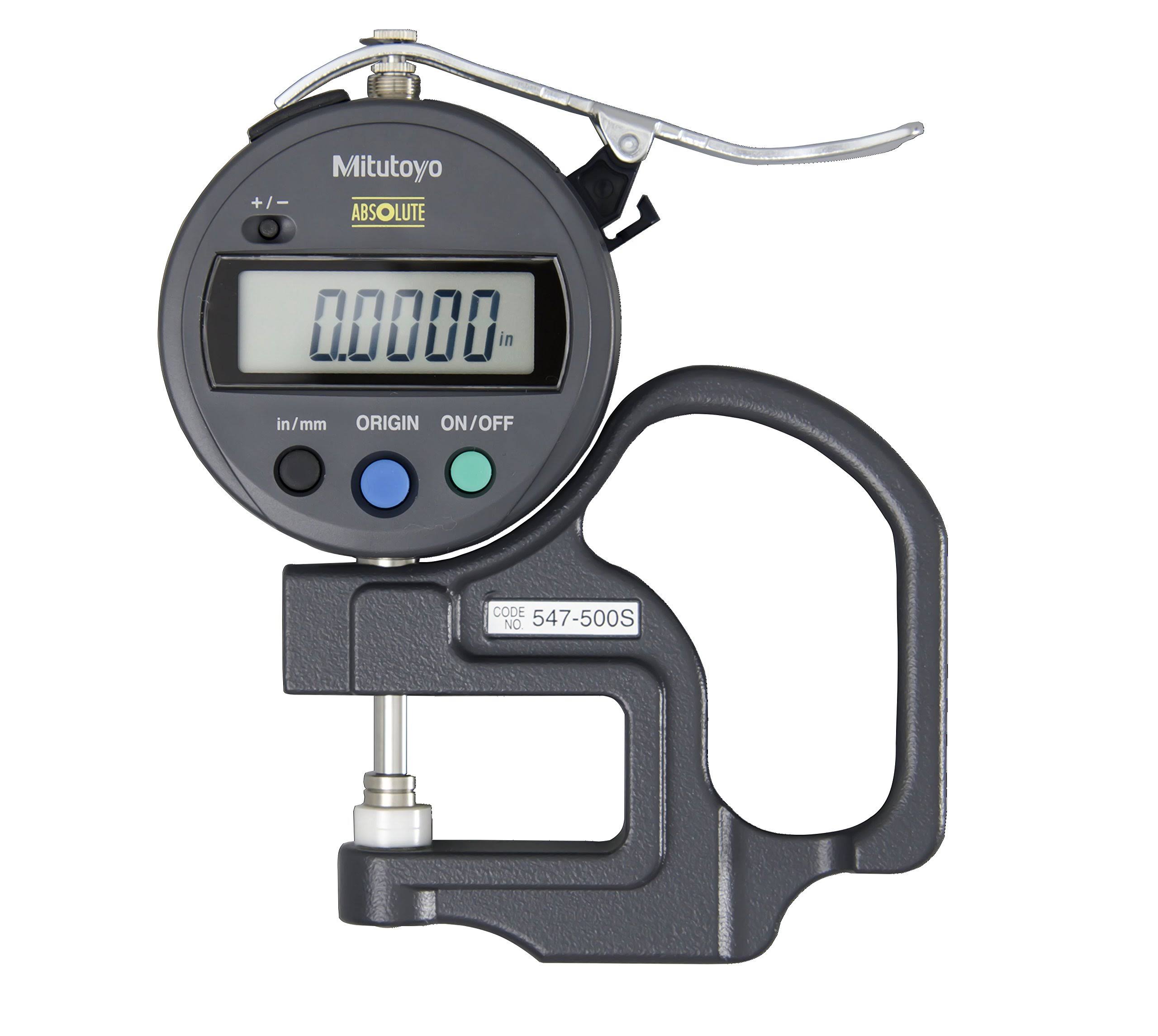 Mitutoyo 547-500SCAL Digital Thickness Gage with Calibration and Flat Anvil, Inch/Metric, 0-0.47x22 (0-12mm) Range, -0.001x22 Ac