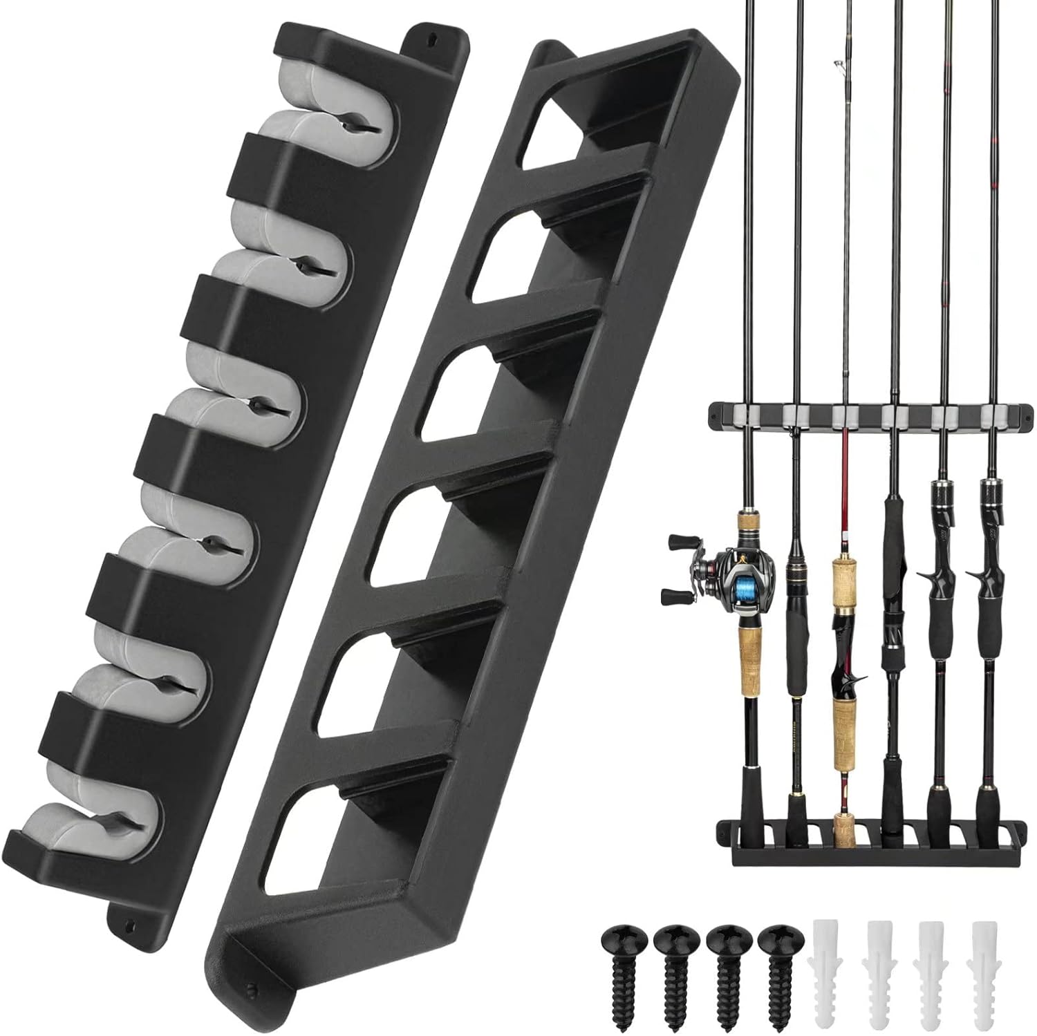 THKFISH Fishing Rod Holders Fishing Rod Rack Wall Mount Vertical/Horizontal Fishing Pole Holders for Garage Room, Boats Store 6 Fishing Rod Combos,1pair