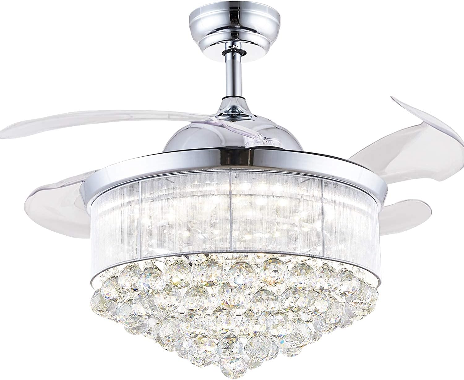 42 Inch Modern Chandelier Crystal Ceiling Fan with Light Remote Dimmable Fandelier Ceiling Fan Light Color Change 6 Speed Retractable Blade Ceiling Fan Light for Bedroom Indoor Living Room Chrome